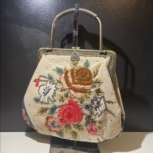 Cream and Red Floral Embroidered Clutch with Metal Frame